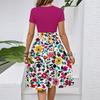 Women's Casual Fashion Belted Floral Printed Short Sleeve Round Neck Elegant Flowing Dress