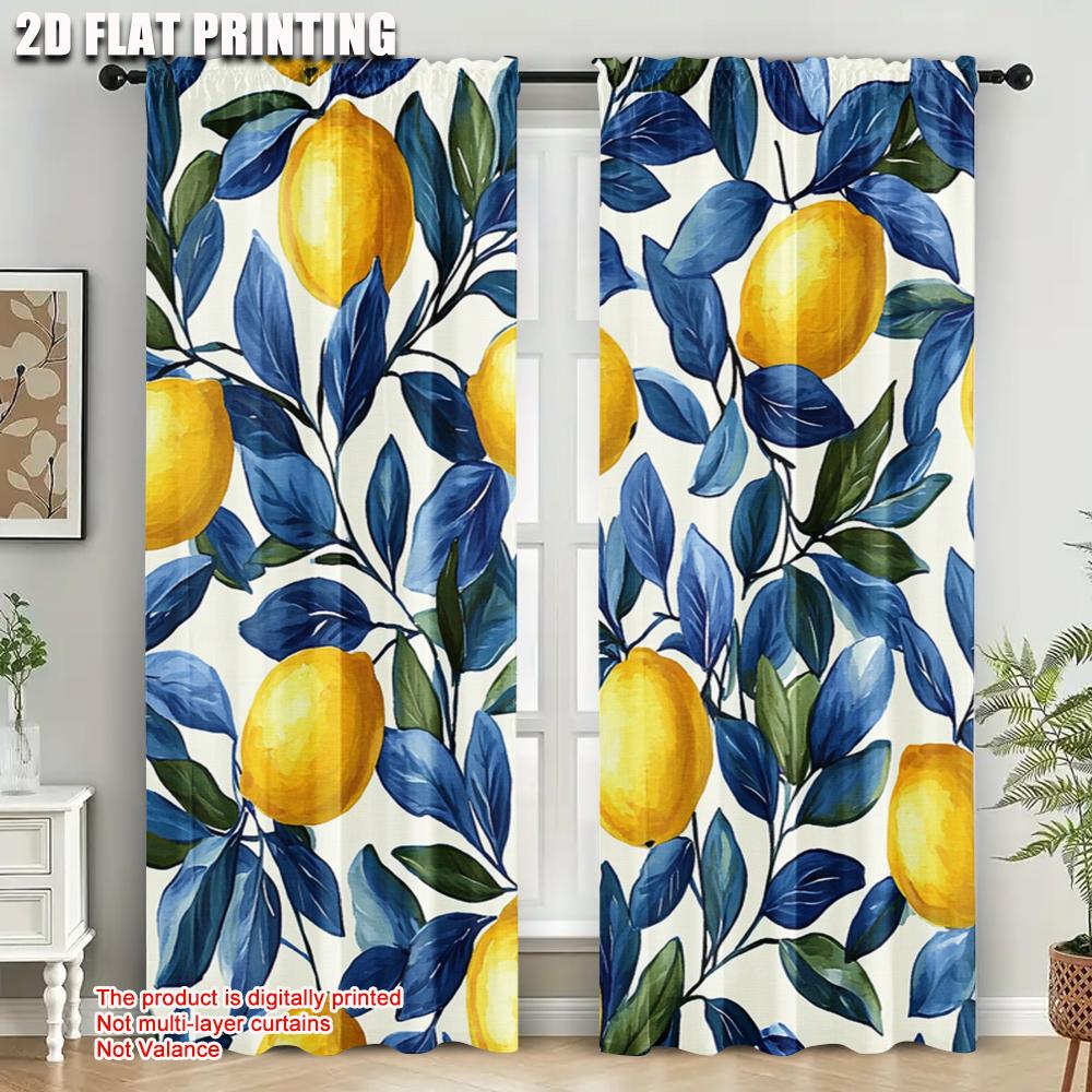 Blackout Curtain Popular Print Lemon Leaf Versatile Polyester Without Rod Thermal Insulation Functions Set Of 2 Made Washable