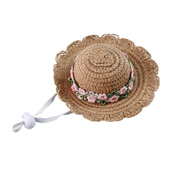 Yousheng Pet Straw Hat, Embroidered Floral Summer Cat Hat, Woven Scalloped Edge Pet Sun Hat with Adjustable Strap for Cats And Small Dogs