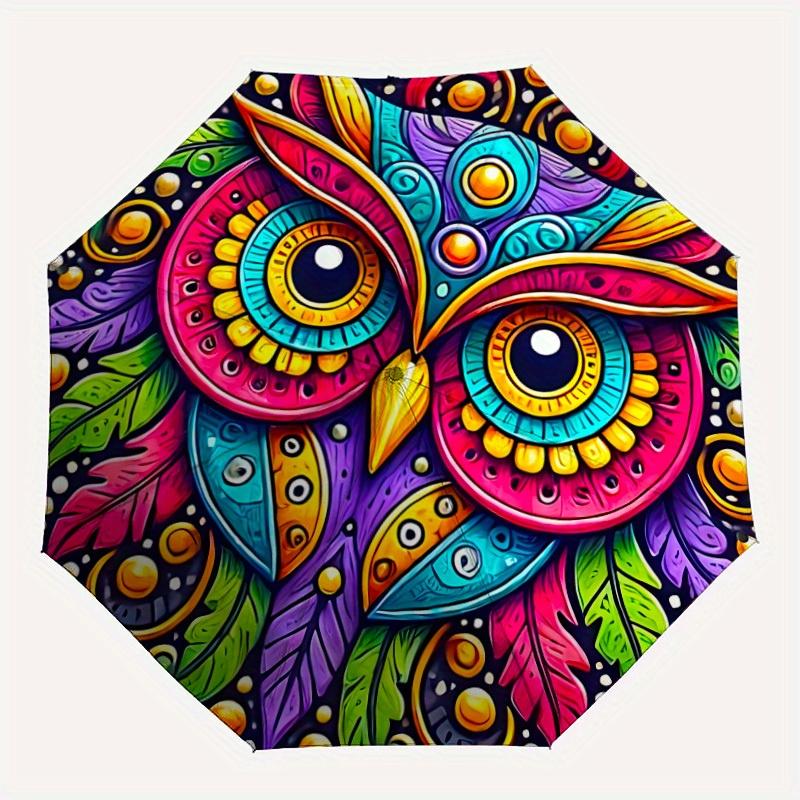 

1pc Colorful Owl Mandala Folding Umbrella With Excellent UV Protection, 8 Ribs Casual Durable Lightweight Portable Travelling Umbrella For M