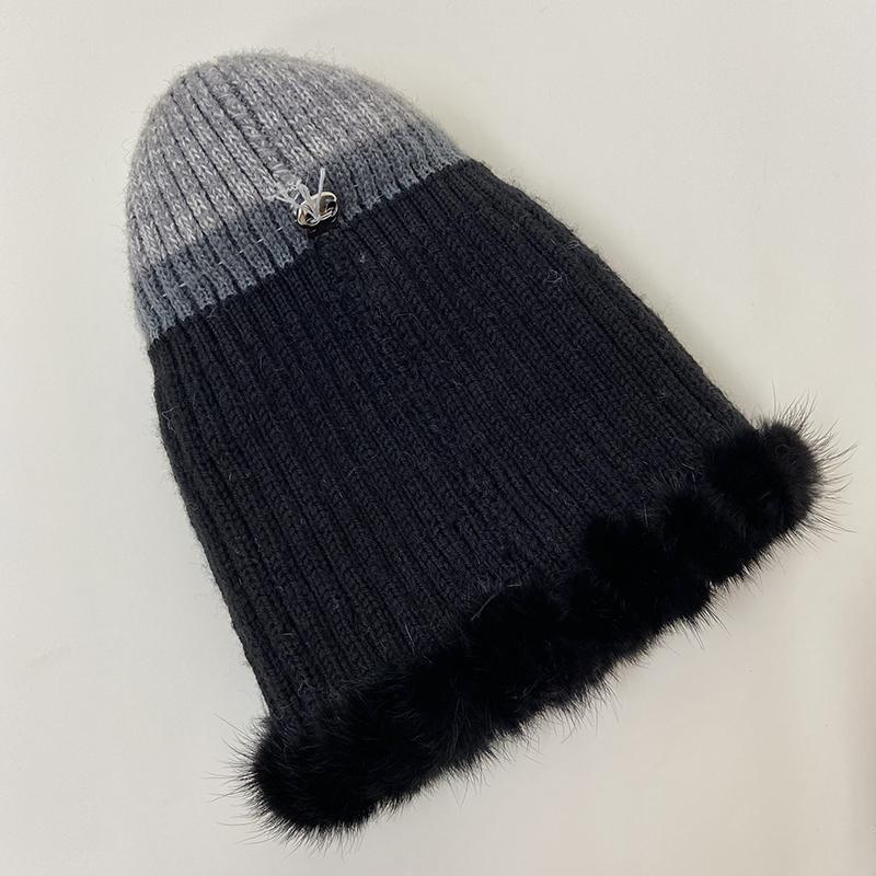 Women's Mink Fox Fur Winter Hat Striped Knitted Beanie with Pompom, Warm Fashionable Trapper Cap for Cold Weather