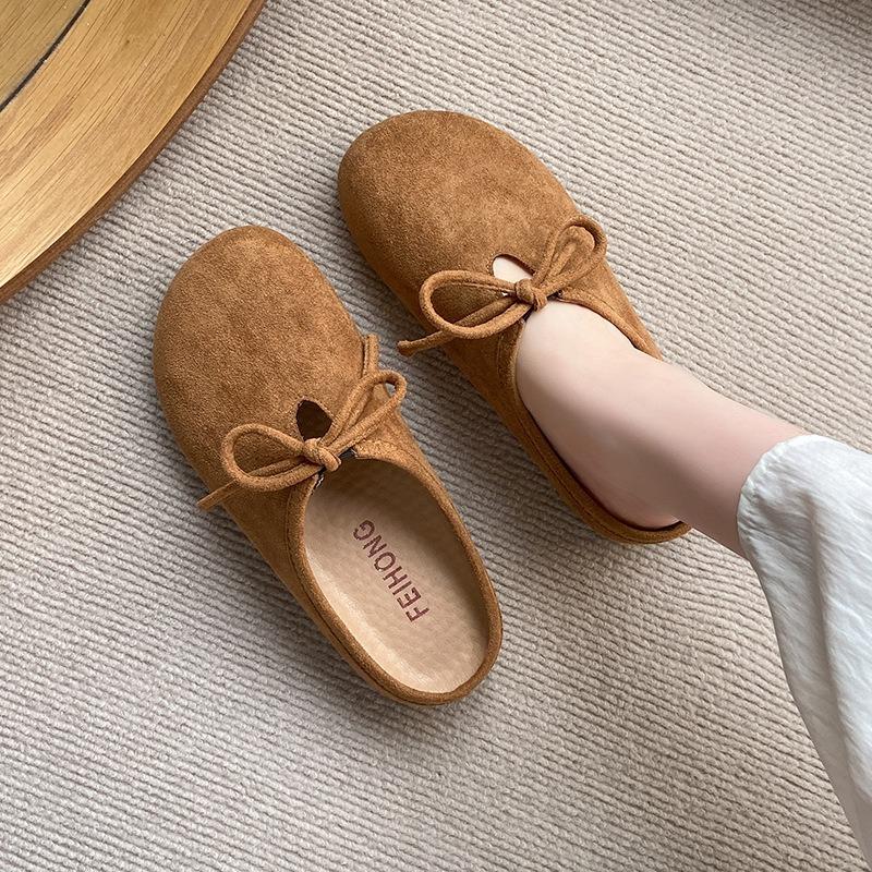 Retro matte round head half slippers women's spring big head women's flat bottom one pedal casual beanie shoes