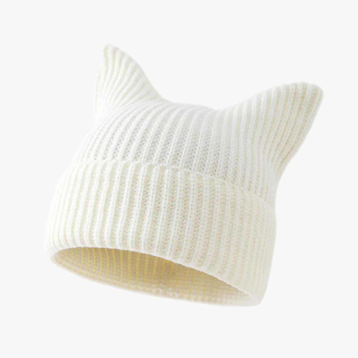 Winter Acrylic Beanie Jacquard Devil-striped Knit; Warm Cat-ear Design; Trendy Cozy Adjustable Knitted Pullover Hat белый