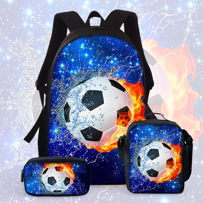 Football Cartoon Print Junior High School Backpack Three-Piece Children'S Schoolbag Primary School Backpack