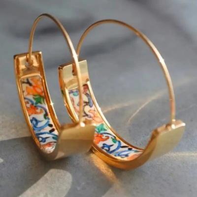 Colorful Floral Enamel Hoop Earrings Bohemian Ethnic Style Women Jewelry