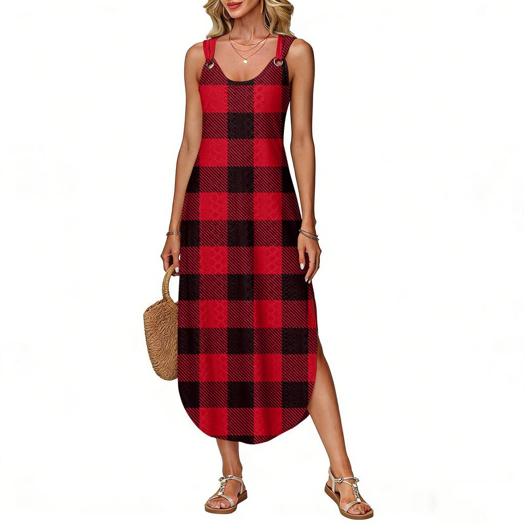 Women's Summer Long Dress, Sleeveless with Side Slits, Long Plaid Printed Vest Dress
