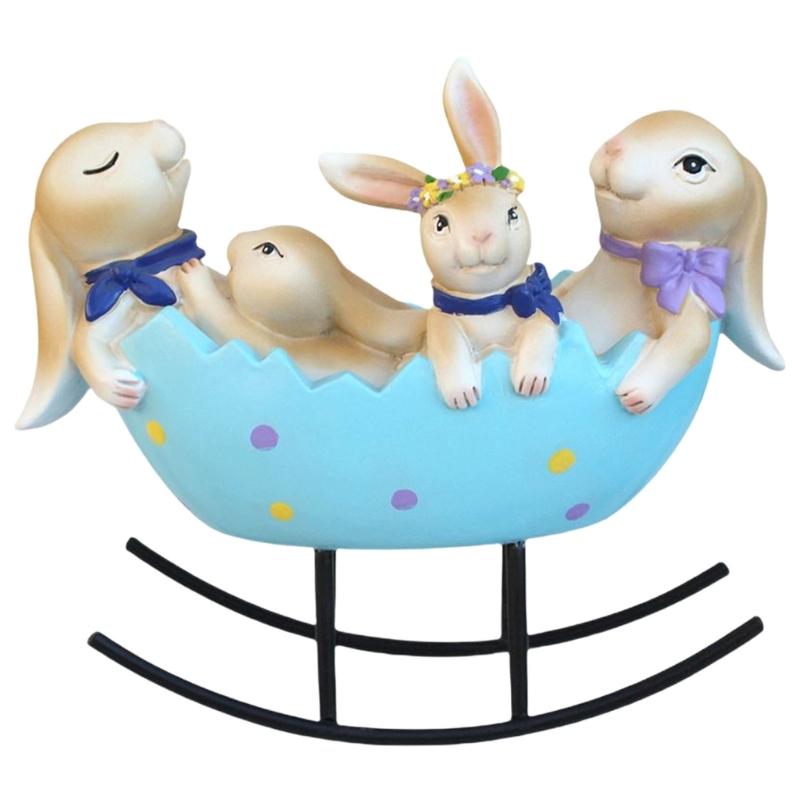 

Easters Decoration with Laughing Bunnies Rocking in Eggs Cradles Perfect for Tabletop or Mantels Display 1