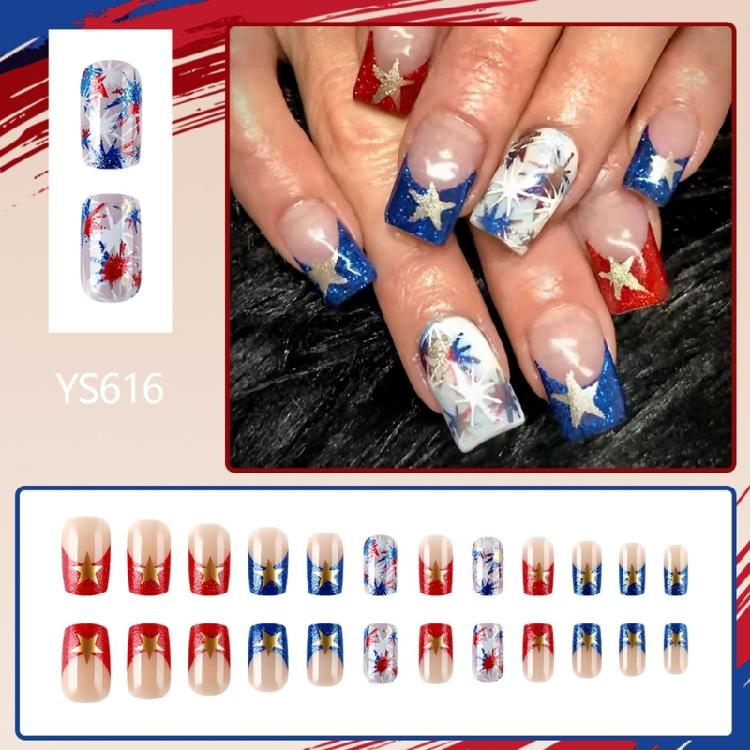 Square False Nail French Tip Press on Nail Full Cover Fake Nail Independence Day Glues on Nail Patriotic False Nail