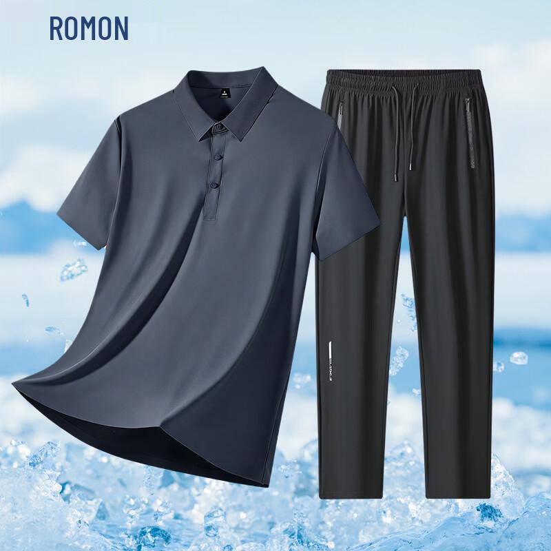 

ROMON Men s Seamless Ice Silk Polo T-Shirt & Casual Pants Two-Piece Set 4XL