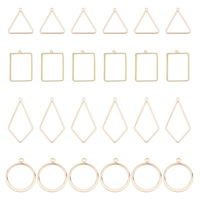 24Pcs 4 Style Brass Pendants, Nickel Free, Triangle & Rectangle & Ring, Real 18K Gold Plated, 18~28.5x12~18x1mm, Hole: 0.5~1.5mm, 6pcs/style