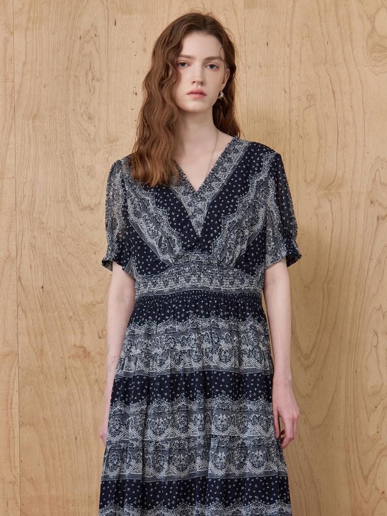 Maja Lace Pattern Smoked Banding V-Neck Long Dress
