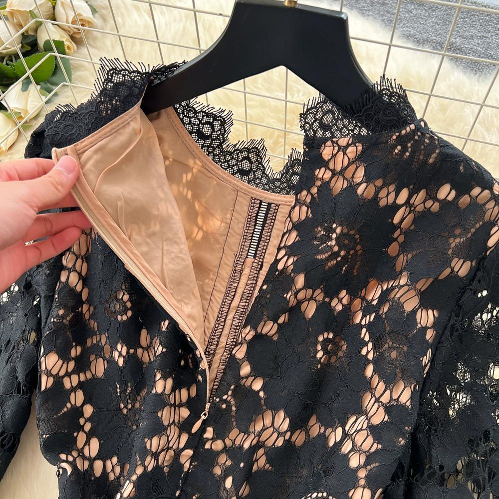 Vestidos Midi de Festa Femininos Vintage de Manga Comprida Vazados em Renda para Primavera Outono