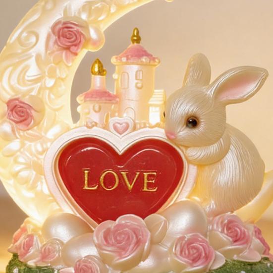 Easter Bunny Night Light Cute Bunny Moon Heart Table Lamp Resin Bedside Lamp for Kids Room Nursery Bedroom Decor