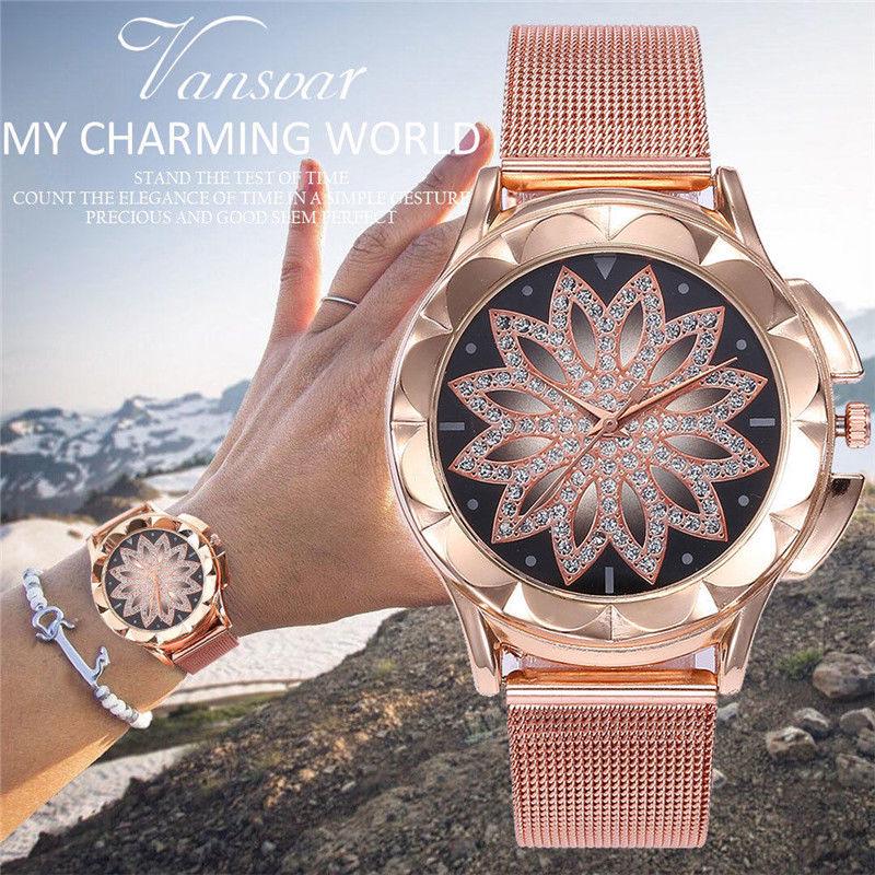 Gold Rose Crystal Flower Women Watches Ladies Quartz Alloy Mesh Watch New