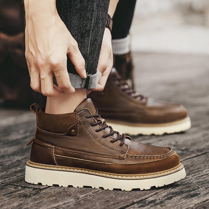 Italian Men Genuine Leather Motorcycle Boots Classic Vintage Casual Leather Flat Designer Shoes Outdoor Ankle Boot Walking Shoes