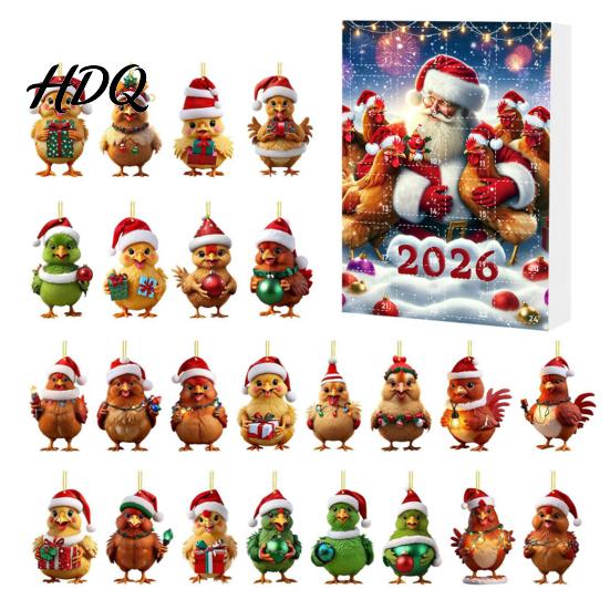 Acrylic Hanging Decorations Chicken Advent Calendar 2026 24 Days Christmas Countdown with 2D Flat Ornament Set Ornament Cartoon Pendant for