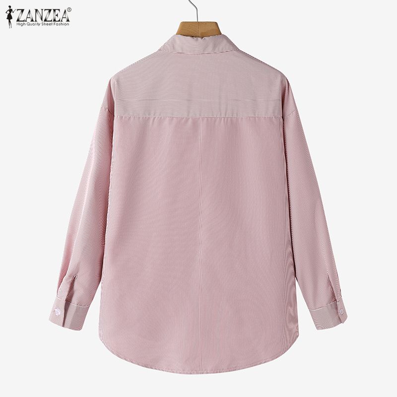 ZANZEA Women Casual Turn Down Collar Long Sleeve Loose Stripe Blouse