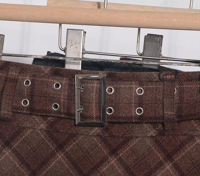 Women's High Waist Plaid Wool Skirt with Belt - Winter A-line Hip-Hugging Short Skirt