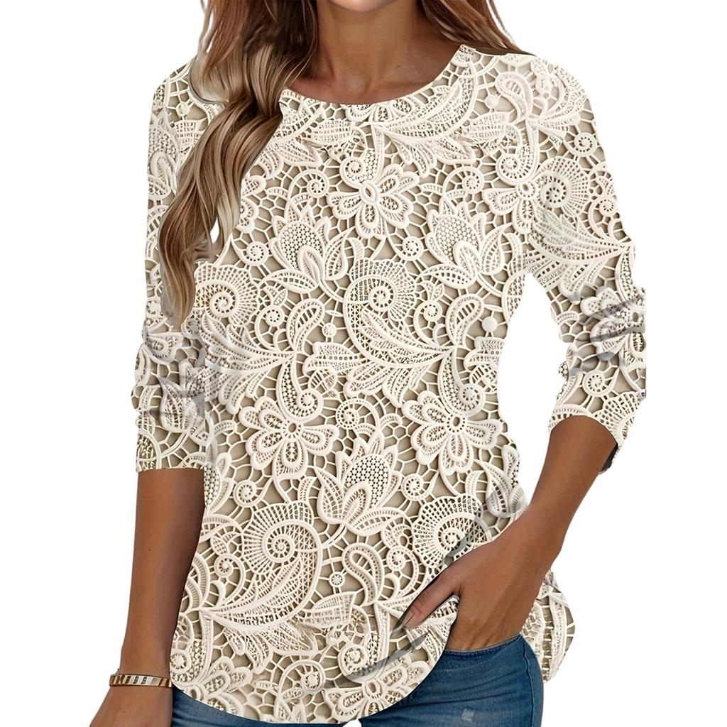Women's  Fashionable Round Neck Long Sleeved Lace Patterned Printed Pullover T-shirt Top