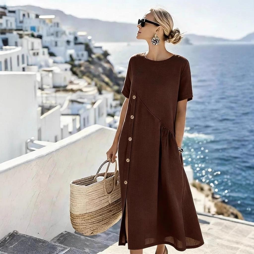 New Spring Summer Waist Cinched Side Button Drawstring Dress, Lazy Casual Vacation Dresses for Women Europe America Crossborder