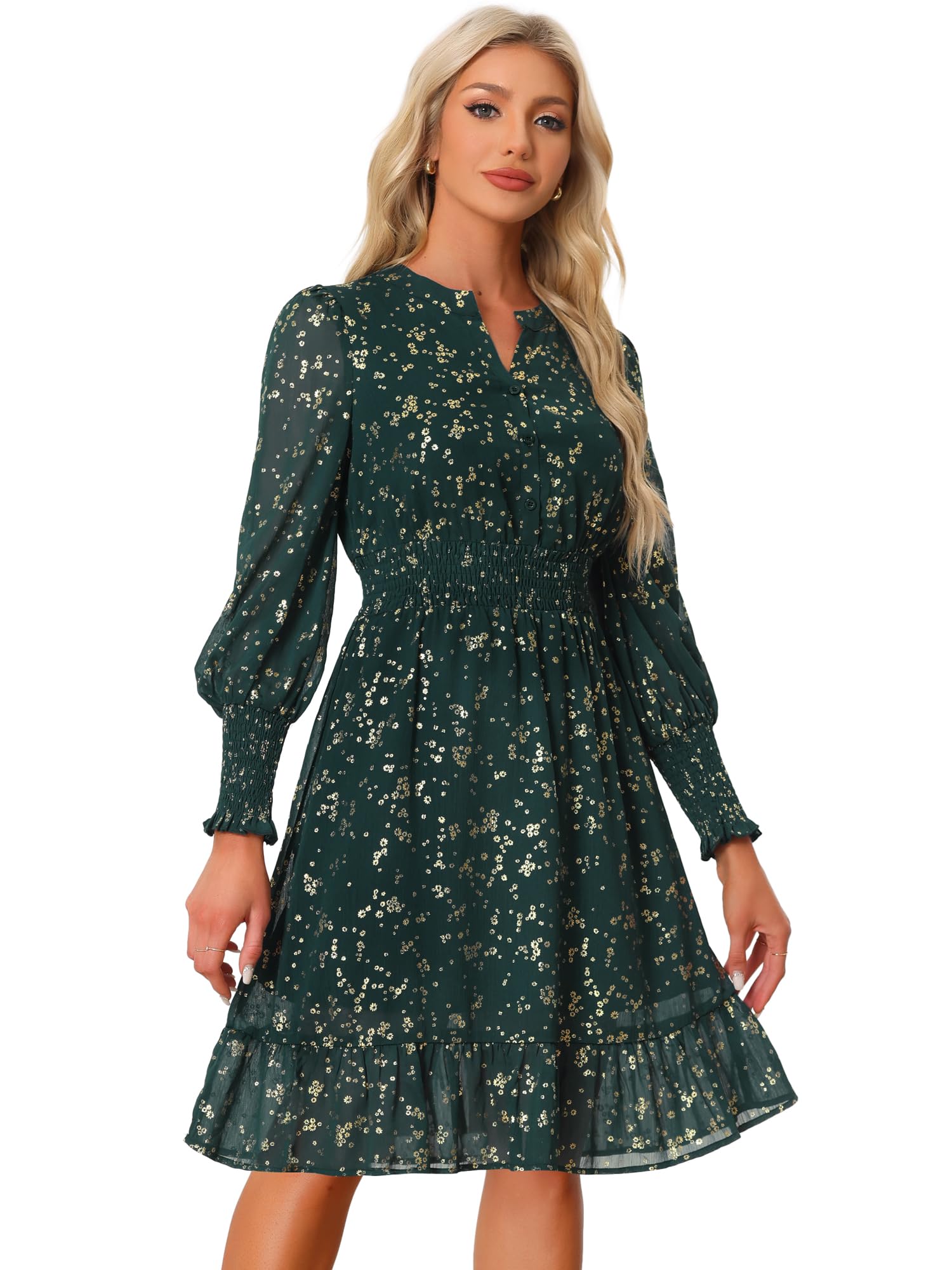 

Allegra K Women s V-Neck Chiffon Glitter Star Print Metallic Button-Up Smock Dress in Dark Green Floral Print, Size M