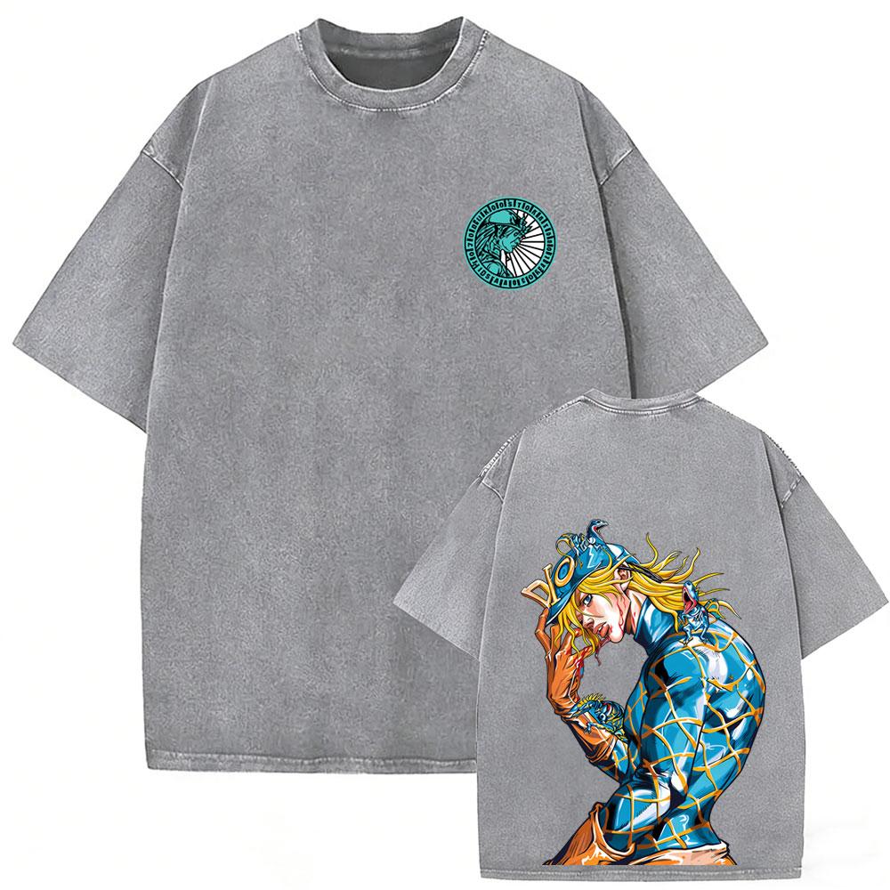 Washed Vintage Anime Jojo Bizarre Adventure Steel Ball Run Diego Brando Graphic Tshirt Men Women Manga Retro Oversized T Shirts