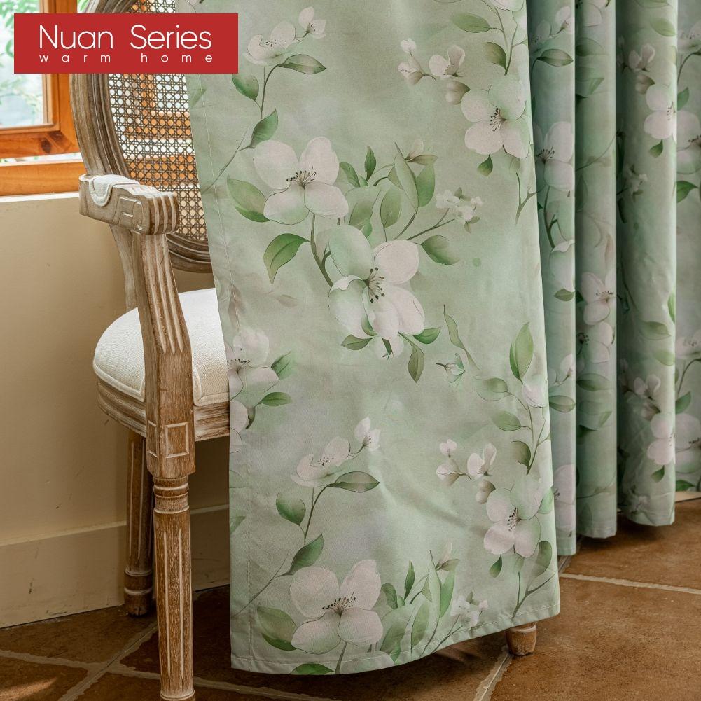1PC Nuan Series Nordic Countryside Style Green Printed Curtains with Full Blackout Curtains for Bedroom Living Room Balcony Window for Home Decor