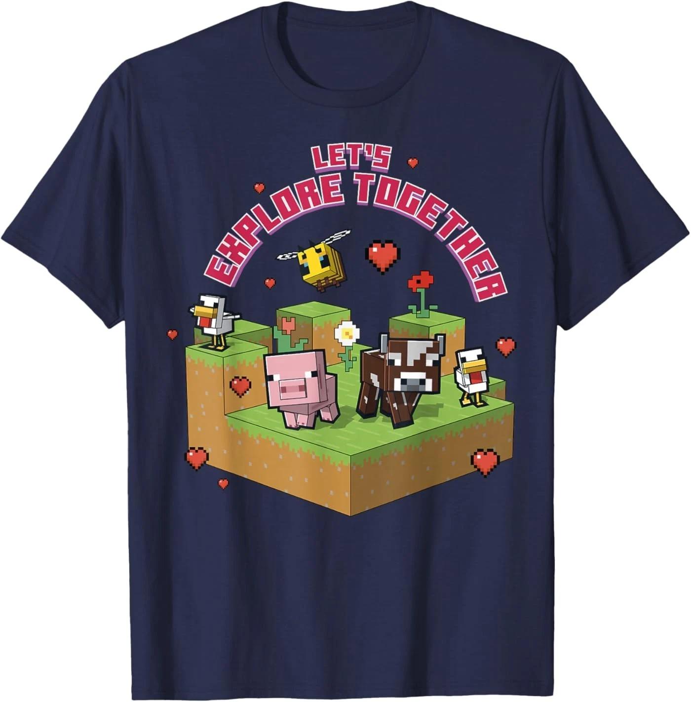

Minecraft Pig Cow Bee Chicken Explore Together Heart T-Shirt 2XL
