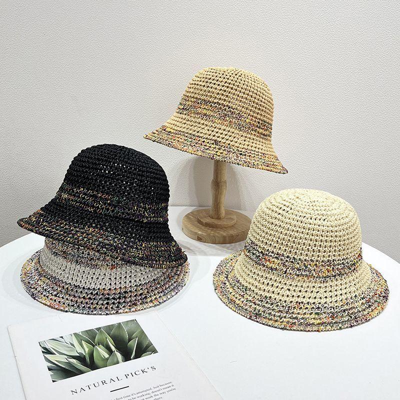Summer Knitted Hollow Sunscreen and Sunshade Fisherman's Hat Women's Thin Breathable Colorful Vacation Style Woven Straw Hat