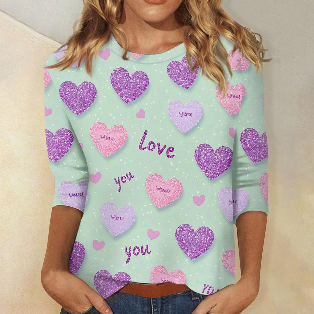 Women's Tops Three-quarter Sleeve Valentine's Day Shirt Round Neck Loose Casual Shirt