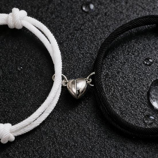 2Pcs/Set Matching Heart Pendant Bracelet Couple Magnetic Alloy Love Charm Bracelet Adjustable String Bracelet Jewelry Gift for Valentine's Day