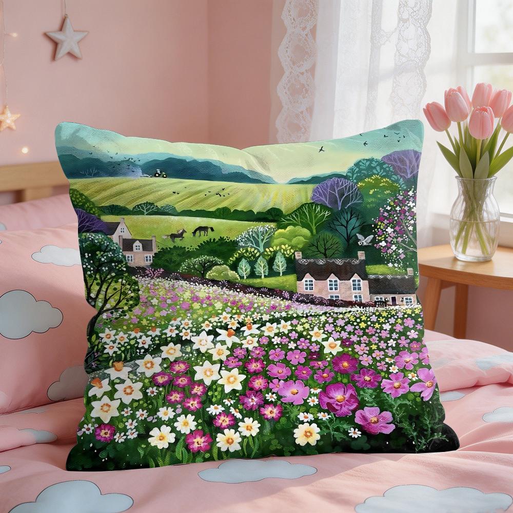 Retro Frühling Dorf Pflanzen Kissenbezug Quadratisch Kurzer Plüsch Kissenhülle Wohnzimmer Sofa Heimdekoration Funda X