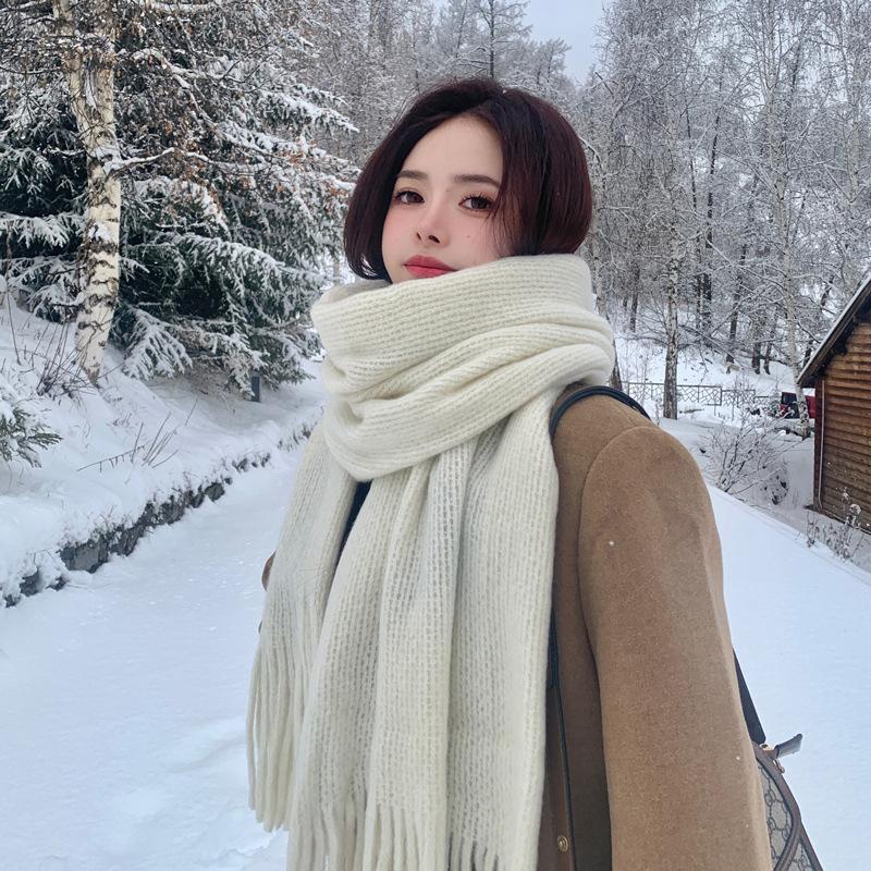 Korean Style Knitted Woolen Scarf for Women Winter New Solid Color White Student Long Warm Scarf High End
