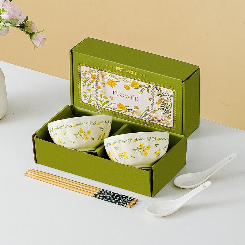 Ceramic Tableware Set with Bowls, Chopsticks & Spoons - Gift Box for Housewarming & Events