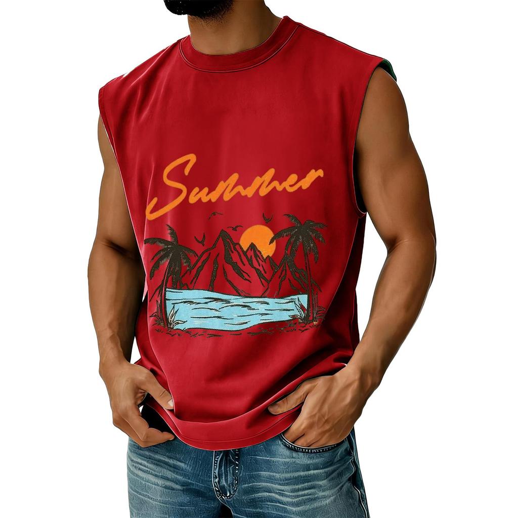 Men's Sleeveless Casual Athletic Vest Summer Graphic Print Muscle Tank Top Outdoor Gym Workout Shirt Beachwear