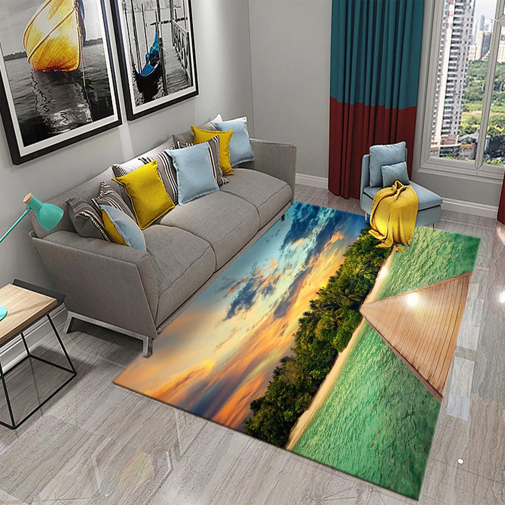 3D Tropical Island Ocean Beach Print Carpet for Kitchen Bathroom Living Room Bedroom Non-slip Absorbent Modern Home Decor Carpet