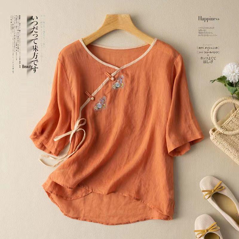 2024 Women's Cotton-Linen Embroidered Short Sleeve Shirt with Oblique Collar