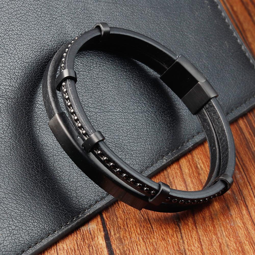 Black Leather Cord Cowhide Men's Double-layer Genuine Leather Woven Bracelet, Handmade Multi-layer Leather Bracelet