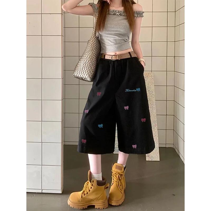 Neue Sommer Cropped Jeans Damen High Waist Vielseitig Locker Gerade Weiter Bein Shorts