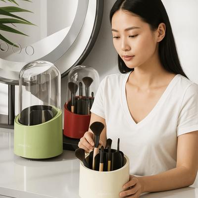 Large Capacity 360° Rotating Makeup Brushes Holder Waterproof Dustproof Cosmetic Storage Box with Lid Space Saving