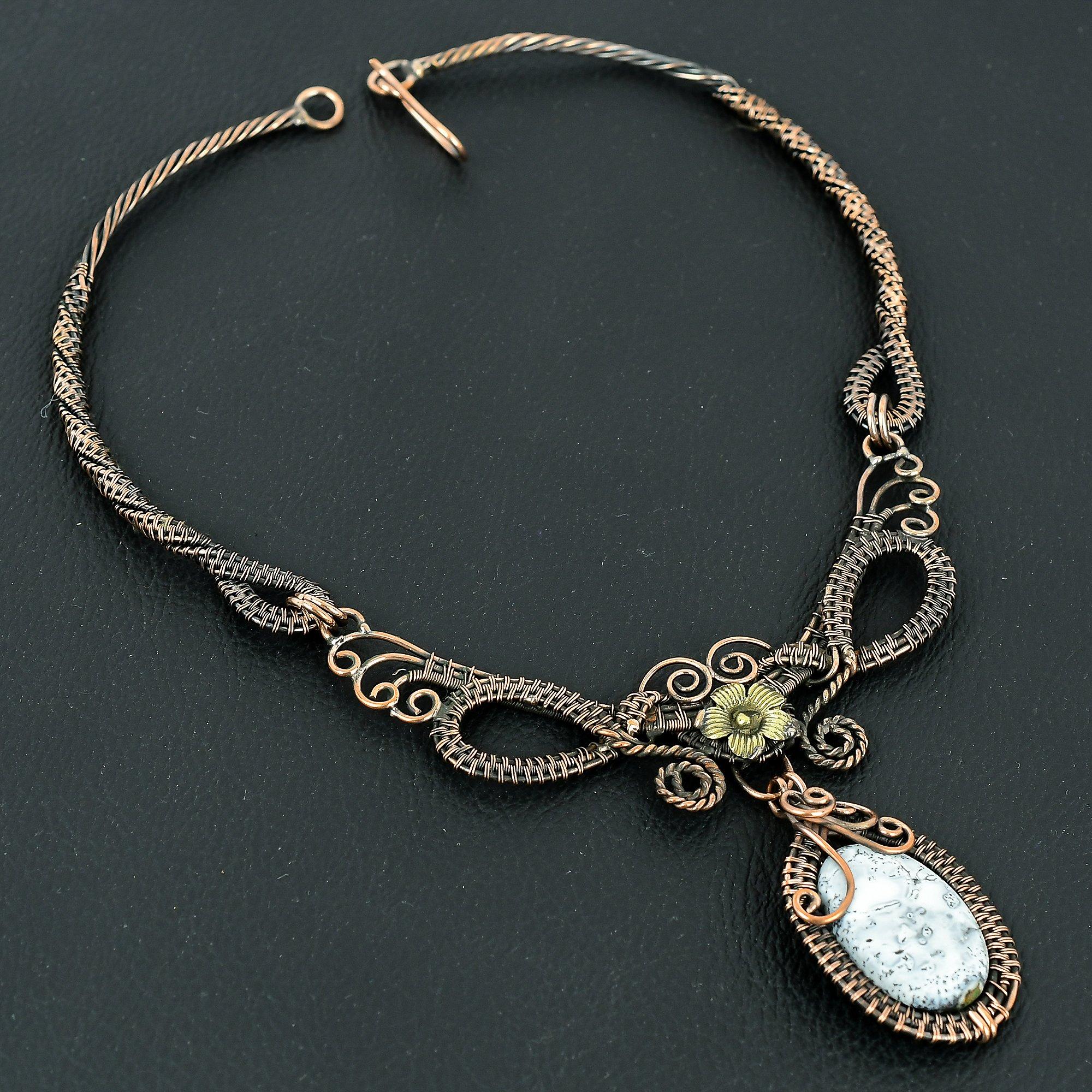 

Опал Дендритовый Ручной Работы Ожерелье с Драгоценным Камнем, Ожерелье, Оплетенное Медной Проволокой 999 пробы, Антикварное Ювелирное Изделие, Для Подарка на Помолвку