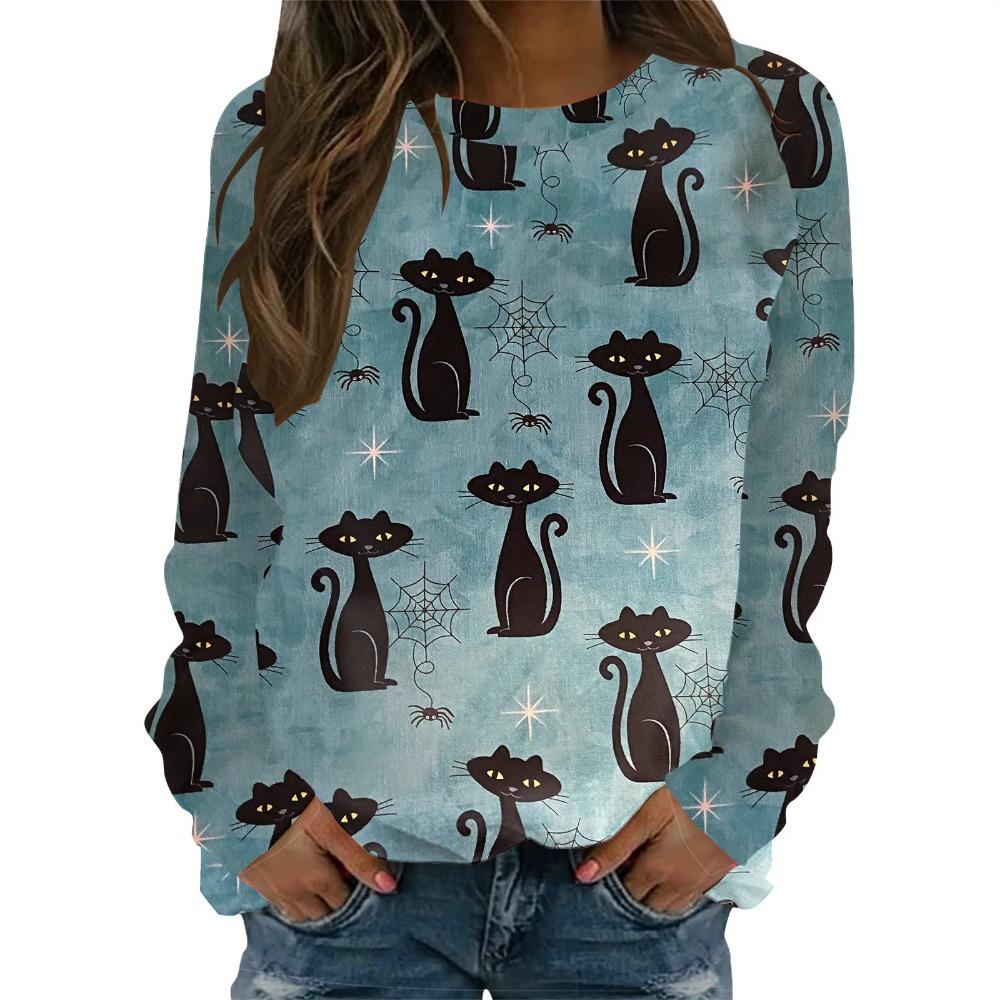 Halloween pattern pumpkin bat 3D printed women's Harajuku round neck long sleeved T-shirt