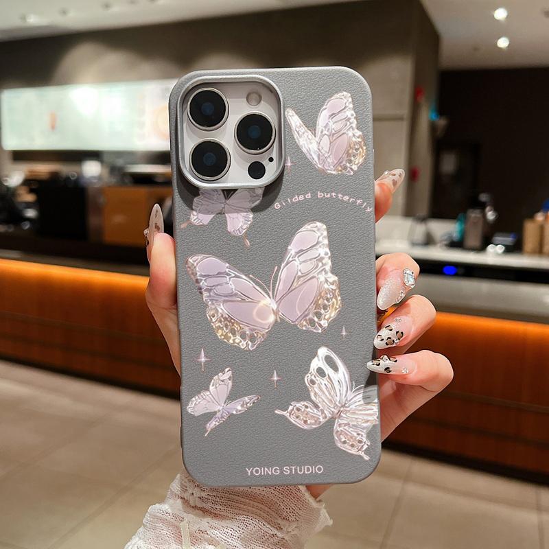 Butterfly Pattern Leather Texture Slim Soft Case Shell For iPhone 16 Pro Max 15 14 Pro 13 12 11 Matte Lens Protection Shockproof TPU Phone Cover