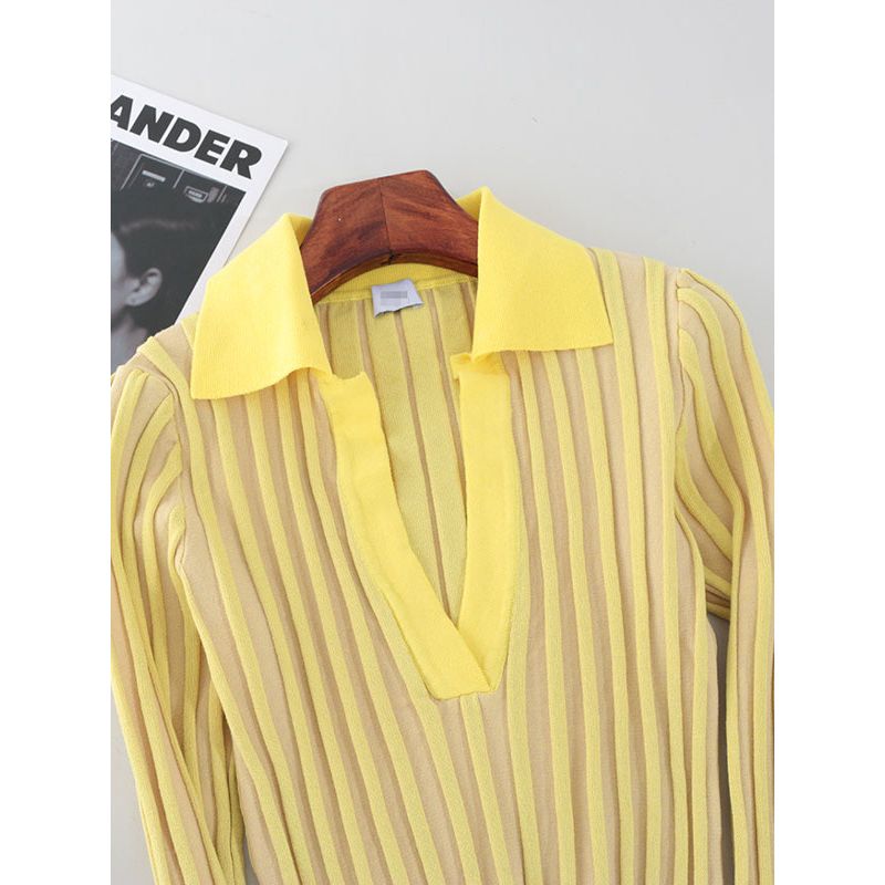 American Lapel Lemon Yellow Long Sleeves Knitwear Big Pit Strip Silm Short Sexy Deep V Pullover Tops