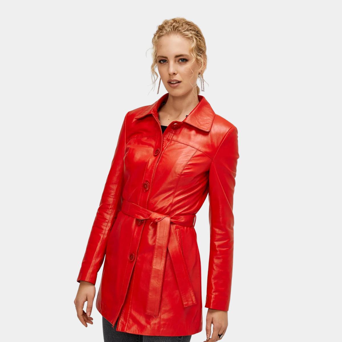 

Куртка из натуральной кожи для женщин, застежка на пуговицы, кожа ягненка, повседневное пальто, с длинным рукавом, с поясом, верхняя одежда, S чёрный