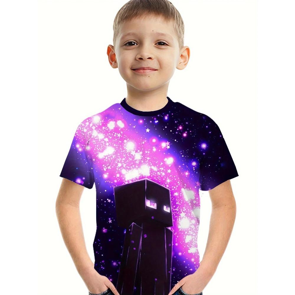 Children's Block Pattern 3D Digital Printed Boys' Fashion and Comfortable Round Neck Short Sleeved T-shirt