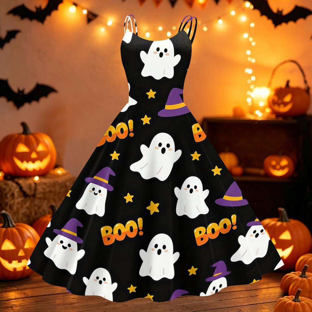 Womens Halloween Print Off Shoulder Punk Vintage Dress Sleeveless Spaghetti Strap Retro Style Midi Dress