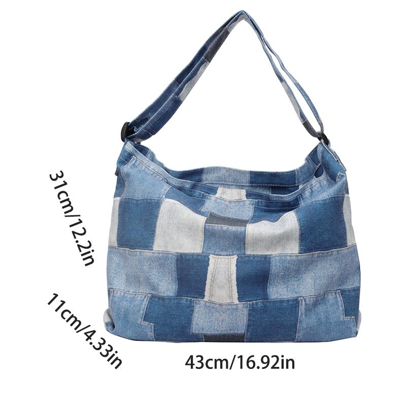 A Denim Style Plaid Fabric Material Casual Shoulder Bag, Can Be Crossbody, Large Capacity, Fashion Casual Popular