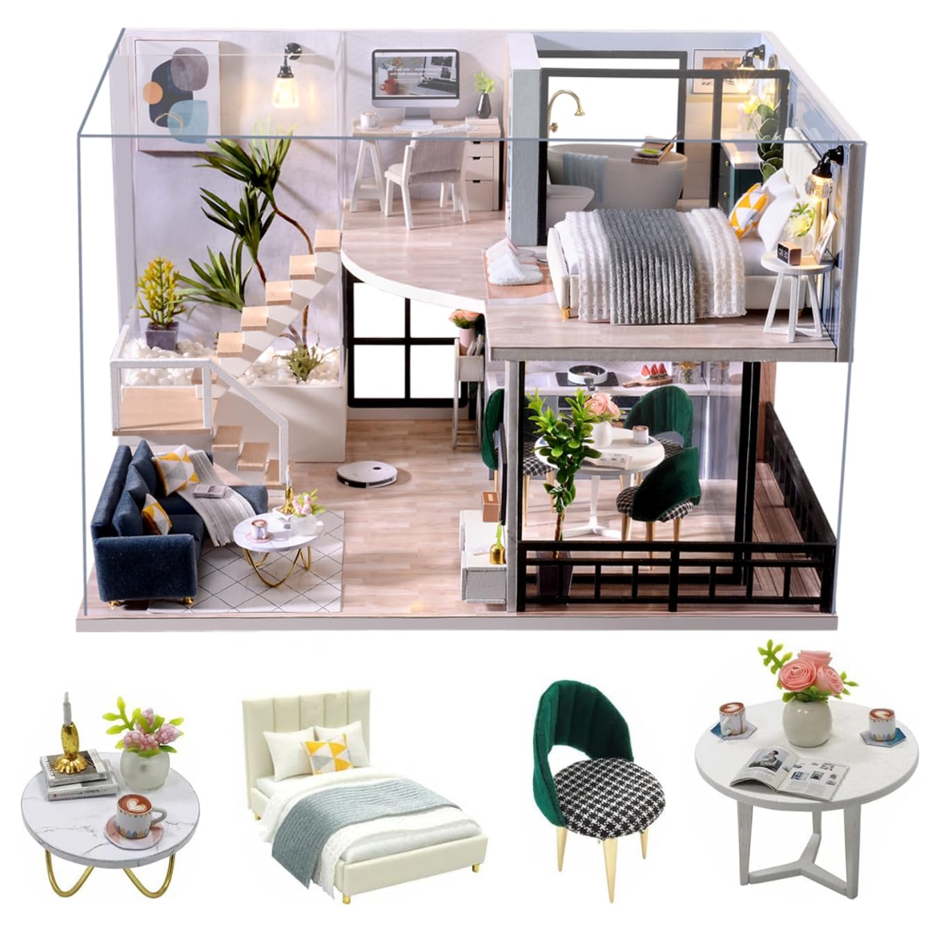 

CUTEROOM DIY Wooden Dollhouse Kit with LED Lights & Music Box, Dustproof Cover, Handmade Miniature House Toy Gift (L032)