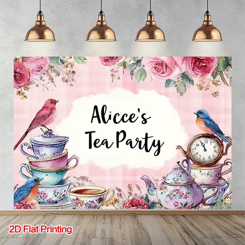 

2D Alice s Tea Party Photography Backdrop, Pink Floral & Teacup Background 47.2x31.5inch/120*80cm